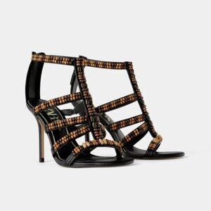 NWT Zara black & brown beaded open toe heeled strappy gladiator sandal, 6